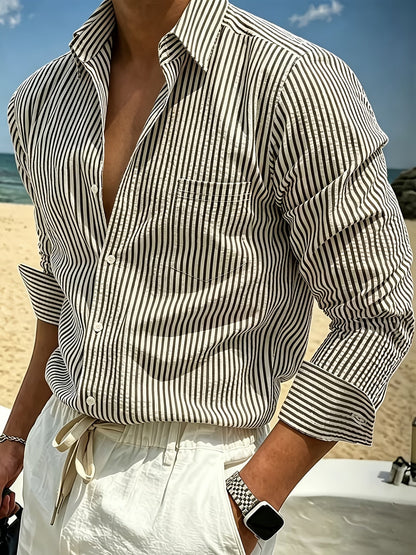 Effortless Blue Striped Cotton Button Down Shirt for Women with Collar Long Sleeve Relaxed Casual Style