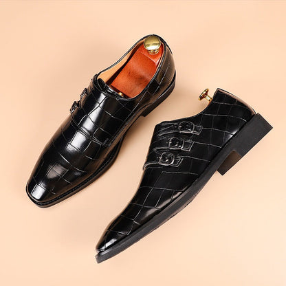 Elegant Croc Embossed Monk Strap Dress Shoes for Women with Triple Buckle Pointed Toe Textured Leather Formal Style