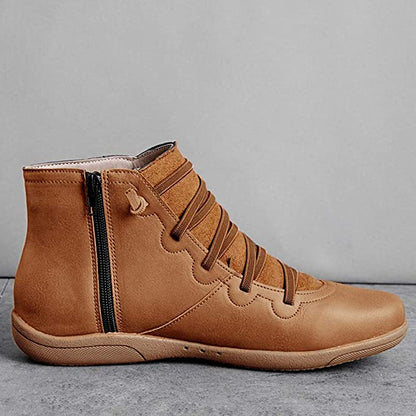 Comfortable Leather Ankle Boots for Women with Lace Up Zipper Wedge Sole Casual Style