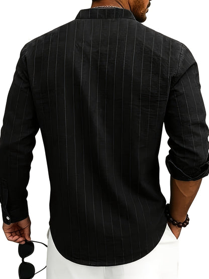 Effortless White Pinstripe Linen Shirt for Women with Band Collar Long Sleeve Button Front Relaxed Style