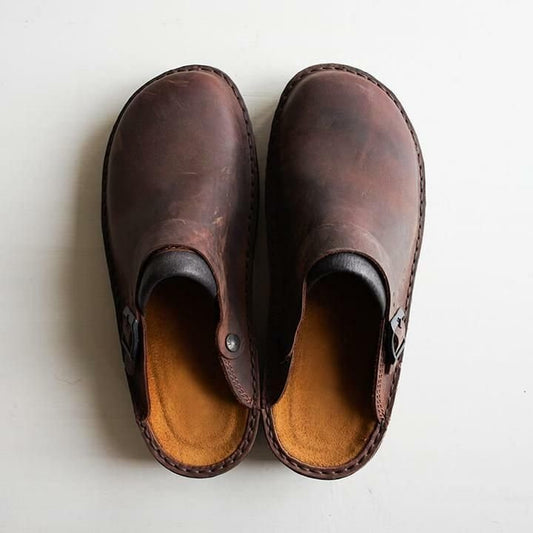 Comfortable Leather Clog Mules for Women with Round Toe Buckle Strap Backless Slip On Casual Style