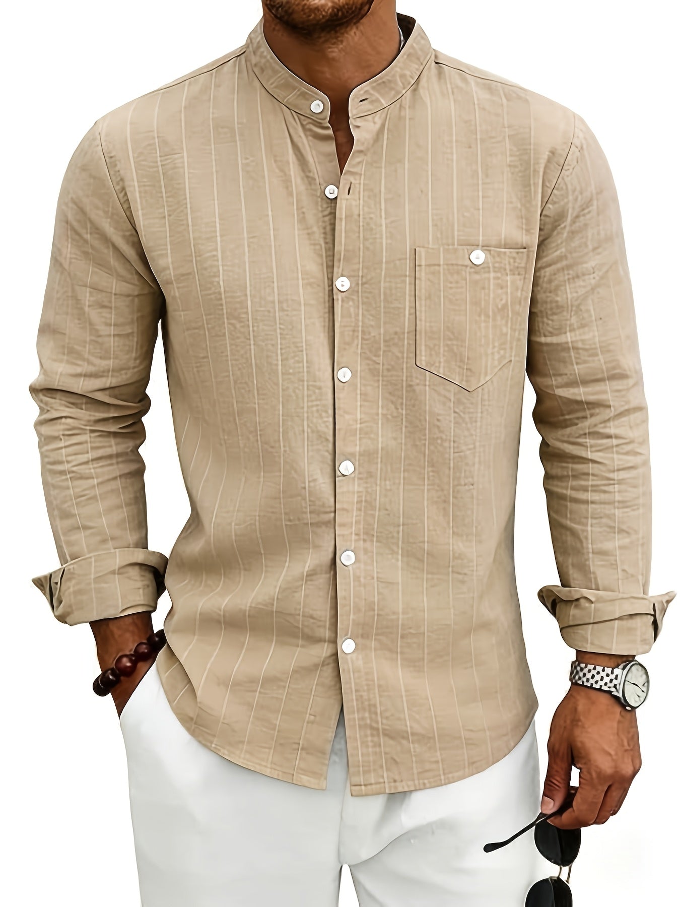 Effortless White Pinstripe Linen Shirt for Women with Band Collar Long Sleeve Button Front Relaxed Style