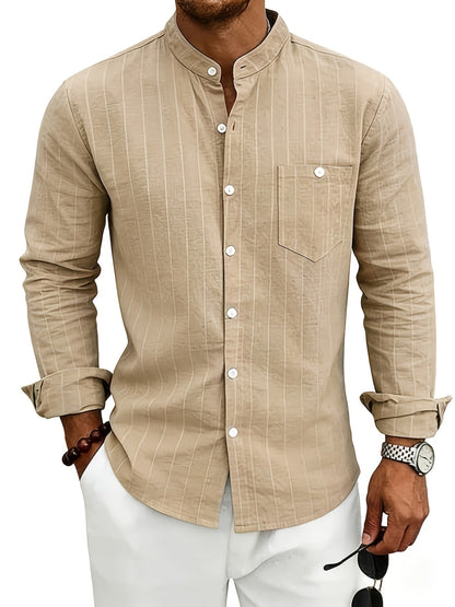 Effortless White Pinstripe Linen Shirt for Women with Band Collar Long Sleeve Button Front Relaxed Style