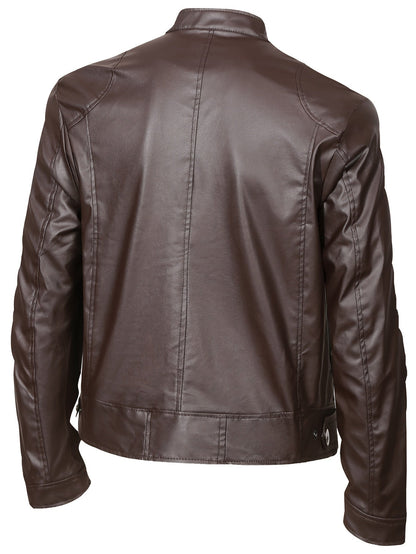 Elegant Navy Blue Faux Leather Jacket for Women with Stand Collar Long Sleeve Zip Front Moto Style