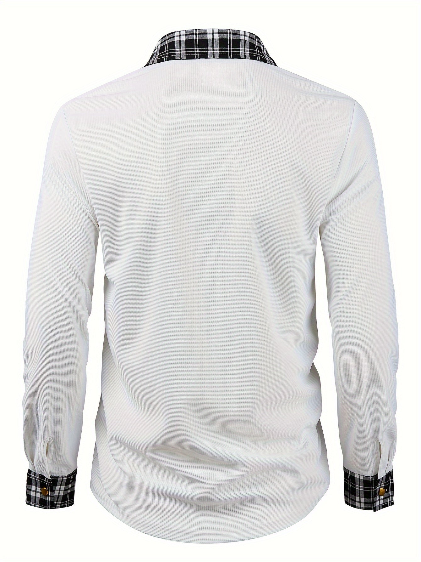 Effortless Waffle Knit Button Up Shirt for Women with Collar Long Sleeve Plaid Trim Chest Pocket Casual Style