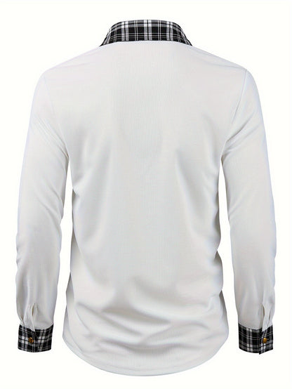 Effortless Waffle Knit Button Up Shirt for Women with Collar Long Sleeve Plaid Trim Chest Pocket Casual Style
