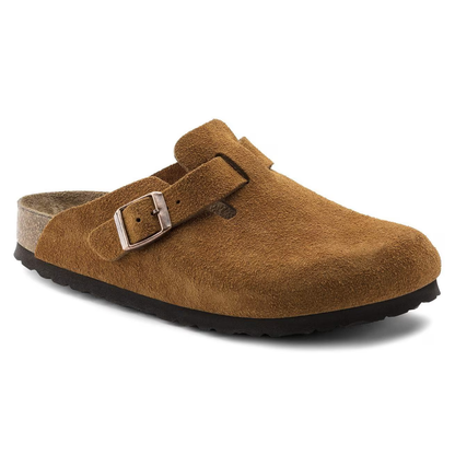 Comfortable Clogs for Women with Suede Upper Buckle Strap Contoured Cork Footbed Style