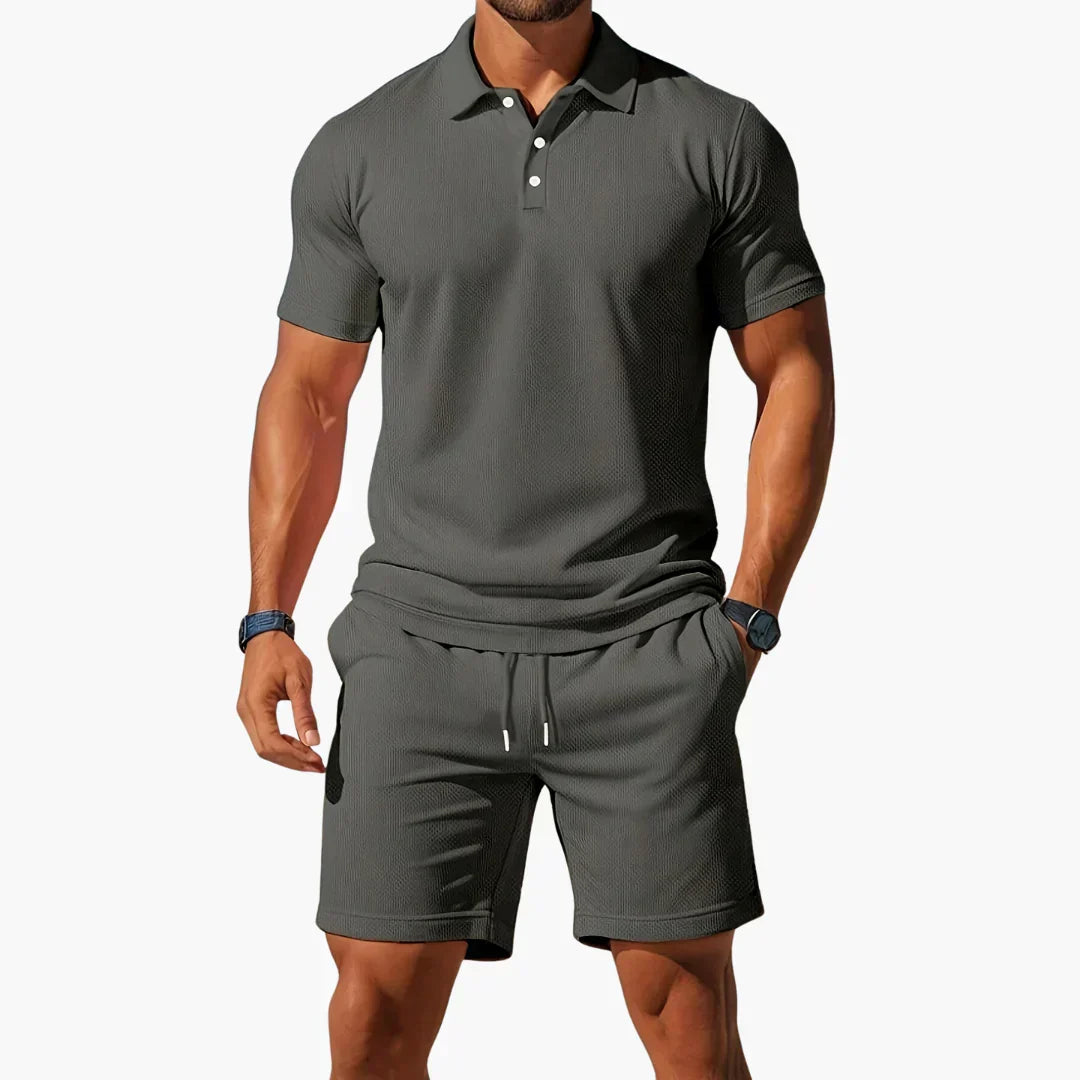 Effortless Textured Polo Two Piece Set for Women with Button Collar Short Sleeve Drawstring Shorts Casual Style