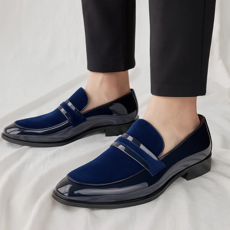 Elegant Velvet Patent Leather Loafer for Women with Pointed Toe Penny Strap Slip-On Style