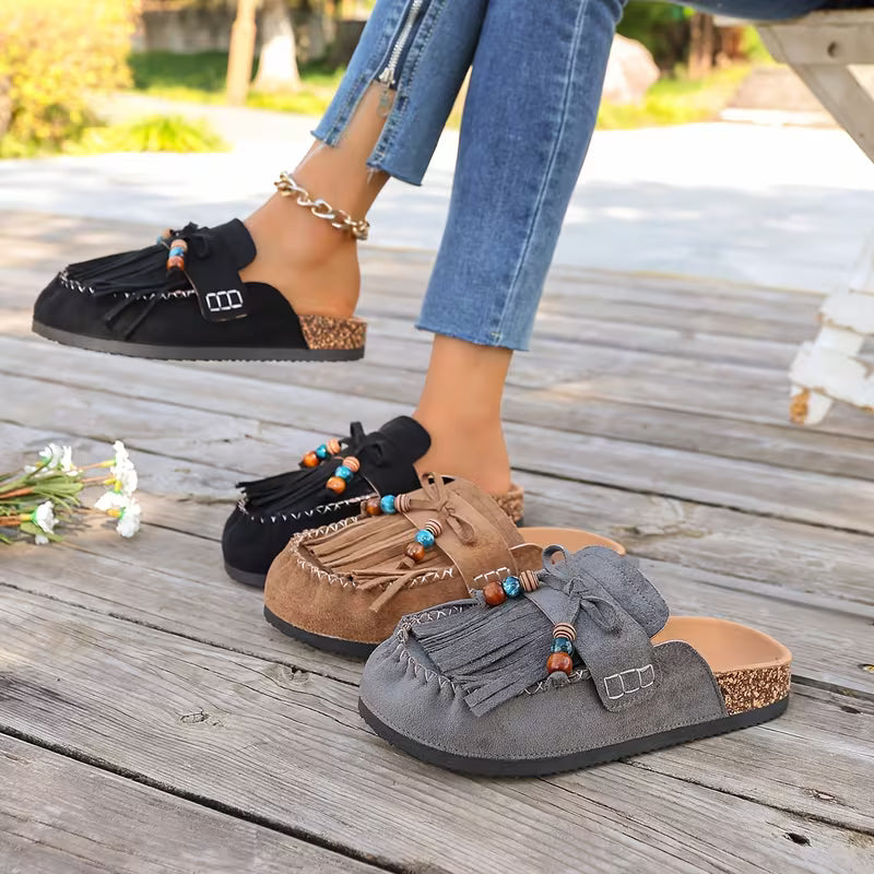 Stylish Mules for Women with Fringe Tassel Beaded Suede Slip On Moccasin Style