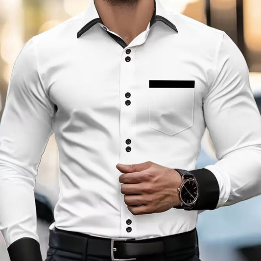 Elegant Contrast Trim Button Up Shirt for Women with Point Collar Long Sleeve Chest Pocket Relaxed Style