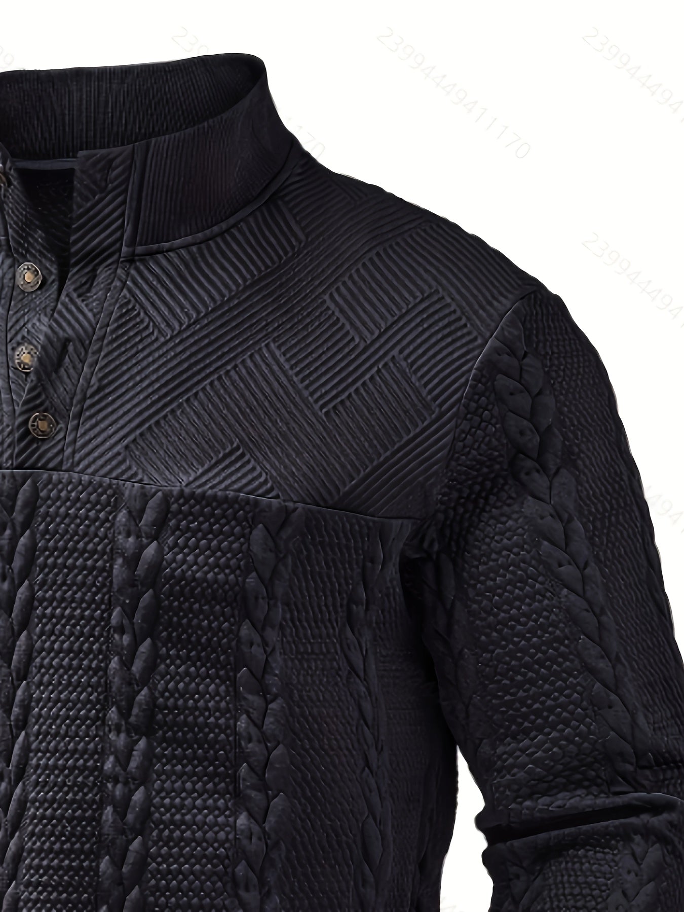 Comfortable Black Cable Knit Sweater for Women with Mock Neck Long Sleeve Button Placket Casual Style