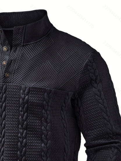Comfortable Black Cable Knit Sweater for Women with Mock Neck Long Sleeve Button Placket Casual Style
