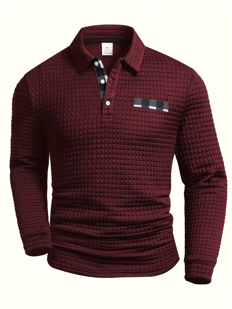 Comfortable Waffle Knit Polo Shirt for Women with Collared Long Sleeve Button Placket Plaid Trim Casual Style