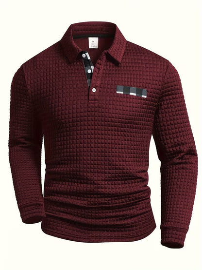 Comfortable Waffle Knit Polo Shirt for Women with Collared Long Sleeve Button Placket Plaid Trim Casual Style