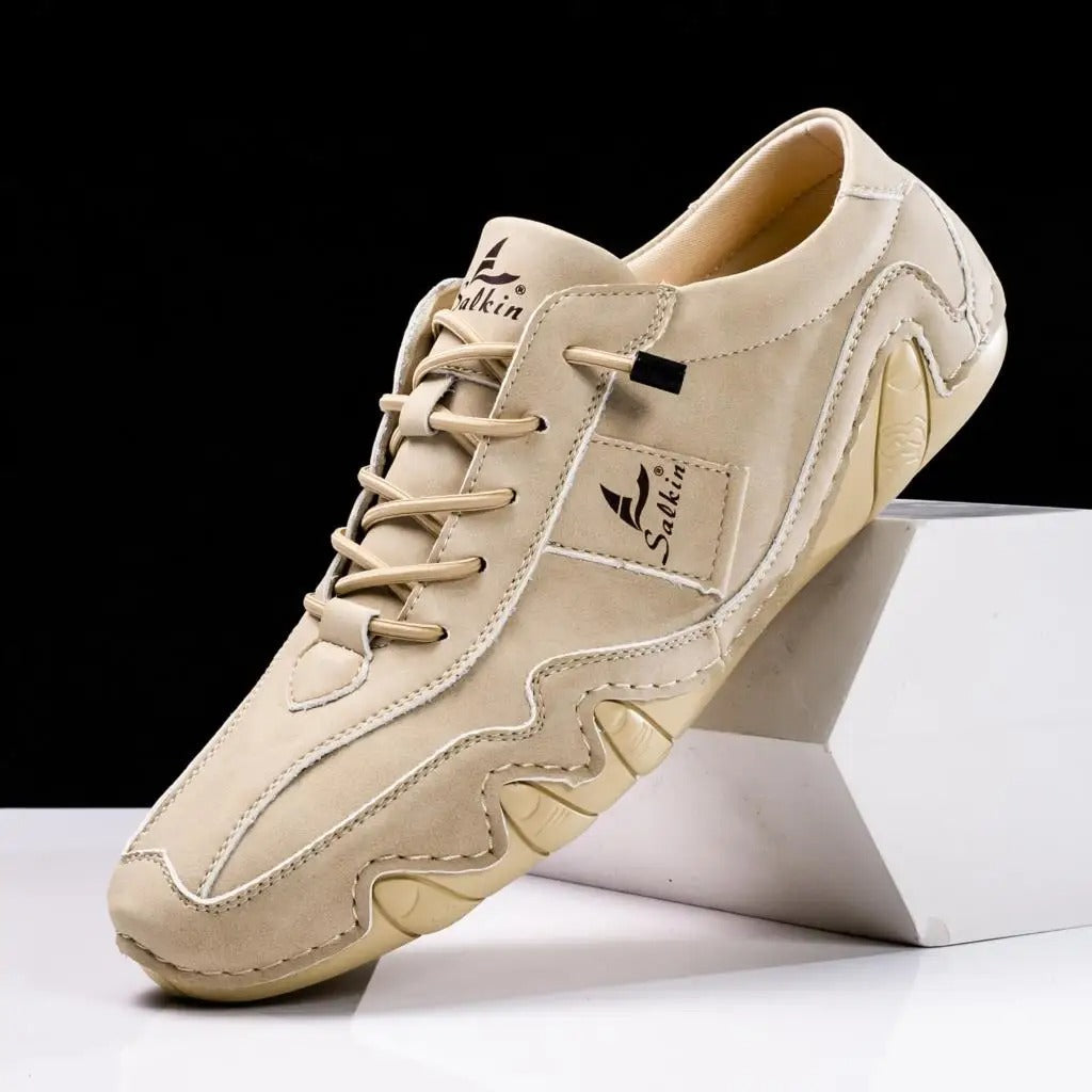 Comfortable Leather Fashion Sneaker for Women with Lace Up Stitched Moc Toe Contrast Sole Casual Style