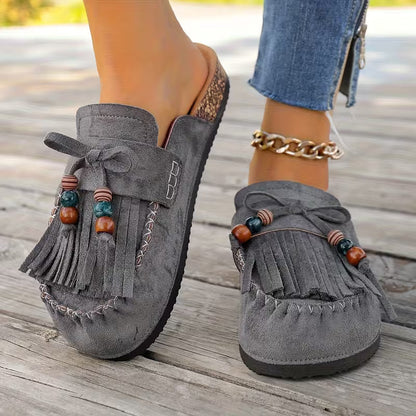 Stylish Mules for Women with Fringe Tassel Beaded Suede Slip On Moccasin Style