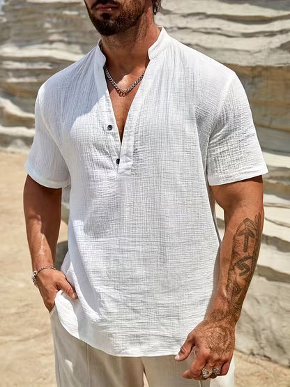 Effortless Linen Blouse for Women with V Neck Short Sleeve Button Front Relaxed Style