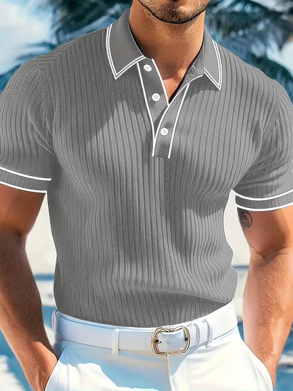 Stylish Ribbed Knit Polo Shirt for Women with Collar Short Sleeve Contrast Trim Casual Style