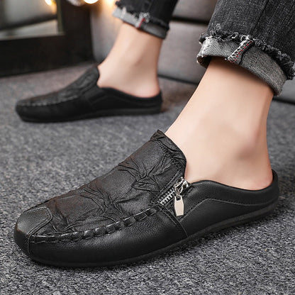 Effortless Leather Mule Loafer for Women with Backless Zipper Accent Hand Stitched Casual Style