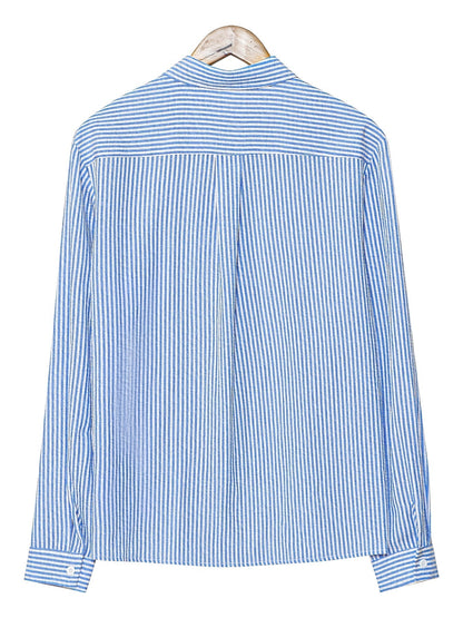 Effortless Blue Striped Cotton Button Down Shirt for Women with Collar Long Sleeve Relaxed Casual Style