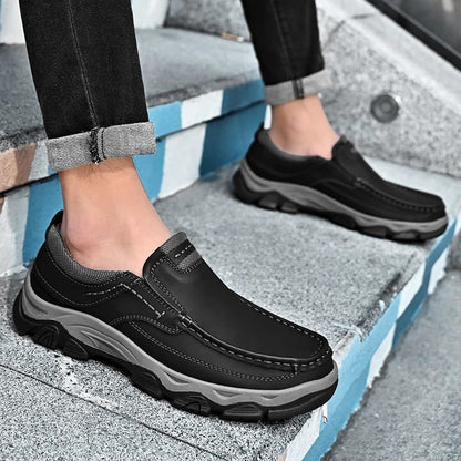 Comfortable Leather Moc Toe Loafer for Women with Slip-On Rugged Sole Stitched Detail Casual Style