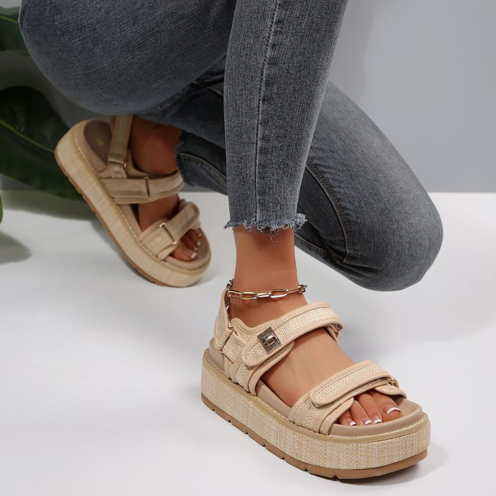 Stylish Platform Sandals for Women with Two Strap Ankle Buckle Woven Trim Chunky Style