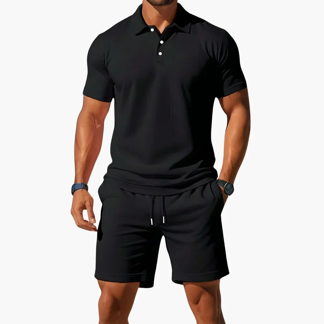 Effortless Textured Polo Two Piece Set for Women with Button Collar Short Sleeve Drawstring Shorts Casual Style