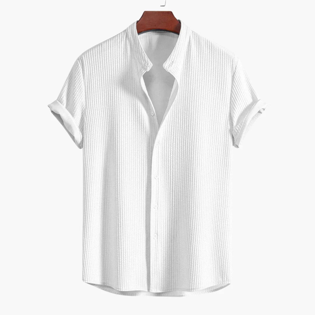 Effortless Textured Button Up Shirt for Women with Band Collar Short Sleeve Relaxed Casual Style