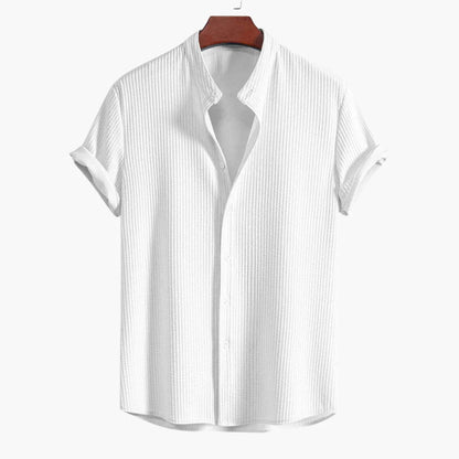 Effortless Textured Button Up Shirt for Women with Band Collar Short Sleeve Relaxed Casual Style