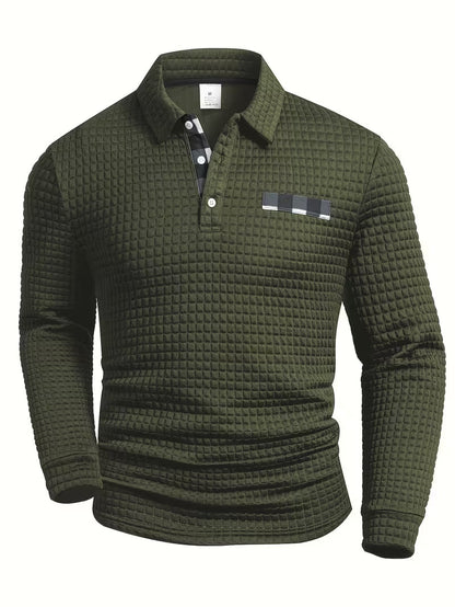 Comfortable Waffle Knit Polo Shirt for Women with Collared Long Sleeve Button Placket Plaid Trim Casual Style
