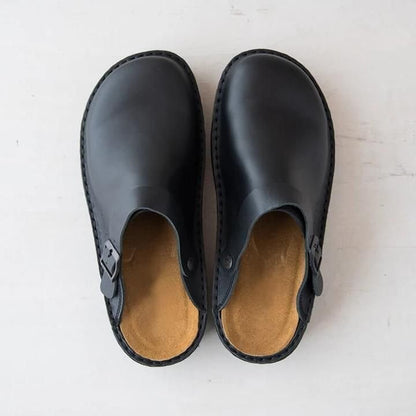 Comfortable Leather Clog Mules for Women with Round Toe Buckle Strap Backless Slip On Casual Style