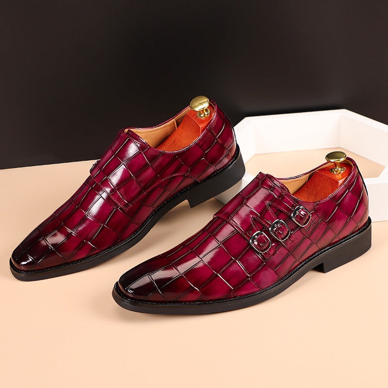 Elegant Croc Embossed Monk Strap Dress Shoes for Women with Triple Buckle Pointed Toe Textured Leather Formal Style