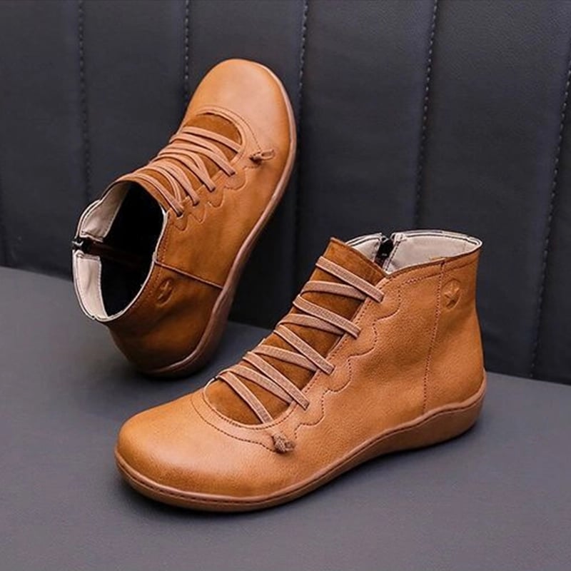 Comfortable Leather Ankle Boots for Women with Lace Up Zipper Wedge Sole Casual Style