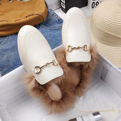Comfortable Mules for Women with Faux Fur Lining Buckle Detail Slip On Style