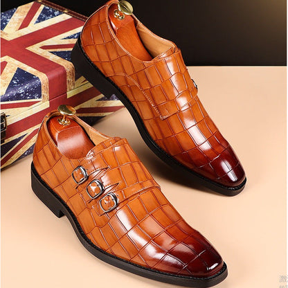 Elegant Croc Embossed Monk Strap Dress Shoes for Women with Triple Buckle Pointed Toe Textured Leather Formal Style