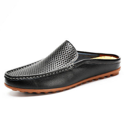 Comfortable Perforated Leather Mule Loafer for Women with Backless Slip On Stitched Apron Casual Style