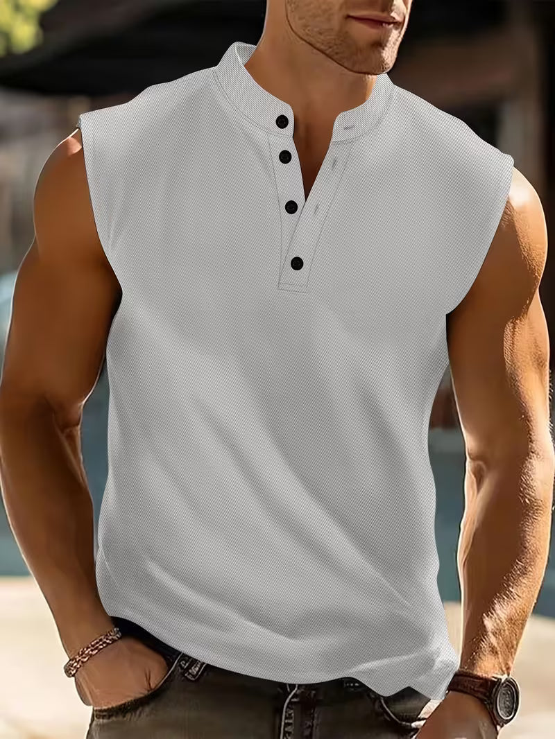 Effortless Ribbed Knit Henley Tank Top for Women with Stand Collar Sleeveless Button Placket Casual Style