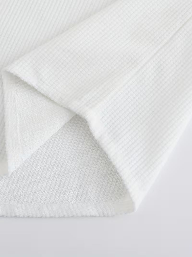 Effortless White Waffle Knit Shirt for Women with Band Collar Long Sleeve Button Placket Relaxed Style
