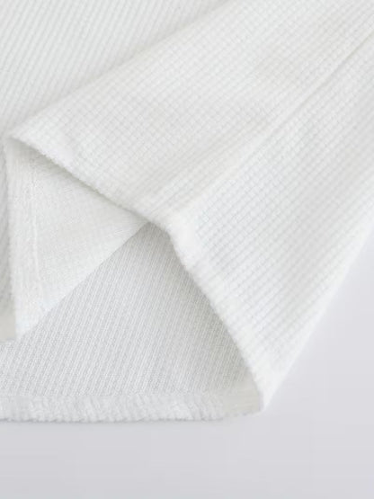 Effortless White Waffle Knit Shirt for Women with Band Collar Long Sleeve Button Placket Relaxed Style
