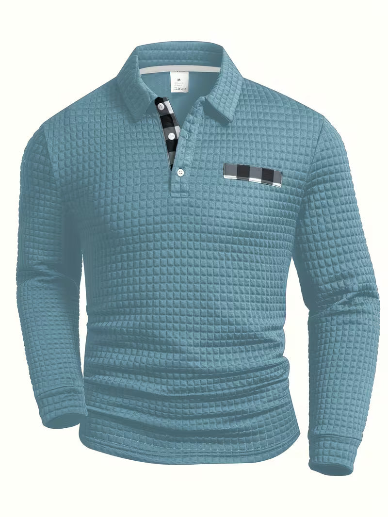 Comfortable Waffle Knit Polo Shirt for Women with Collared Long Sleeve Button Placket Plaid Trim Casual Style