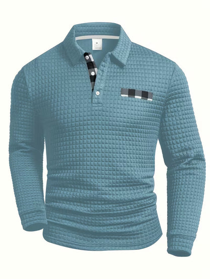 Comfortable Waffle Knit Polo Shirt for Women with Collared Long Sleeve Button Placket Plaid Trim Casual Style