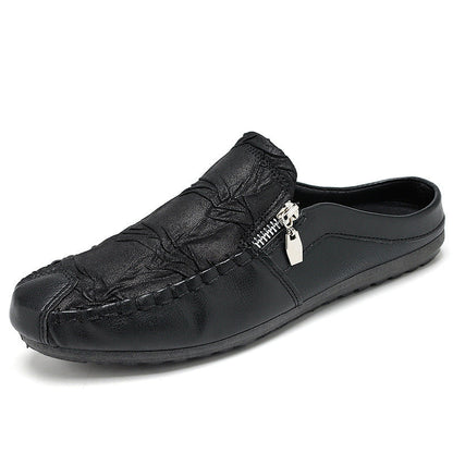 Effortless Leather Mule Loafer for Women with Backless Zipper Accent Hand Stitched Casual Style