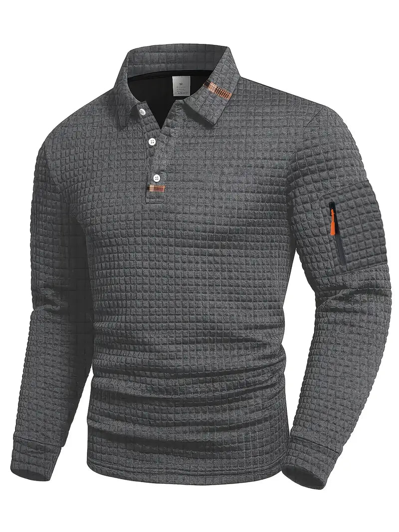 Effortless Waffle Knit Polo Shirt for Women with Collar Long Sleeve Zip Pocket Casual Style