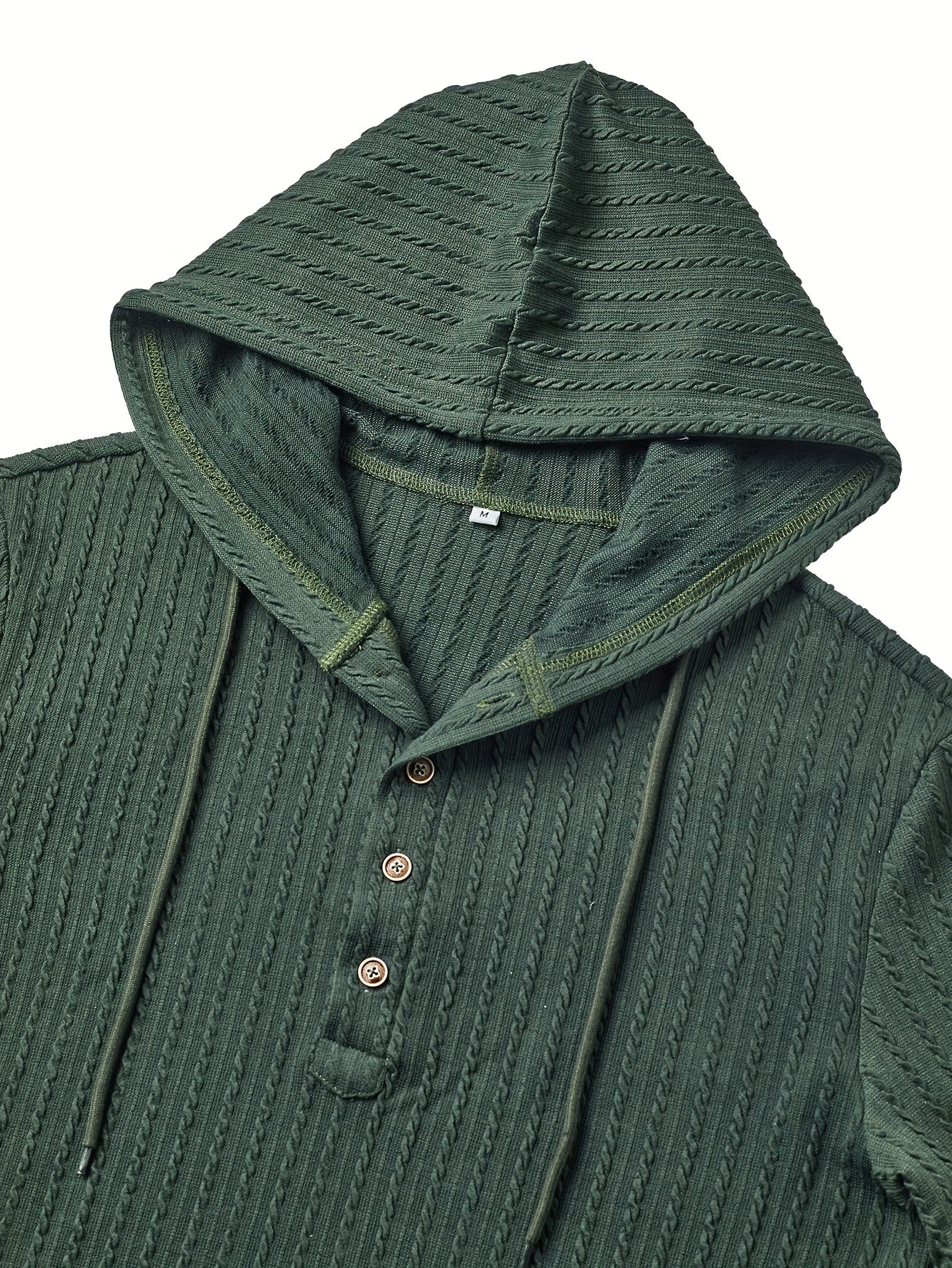 Comfortable Green Cable Knit Henley Hoodie for Women with Drawstring Hood Long Sleeve Button Placket Relaxed Style