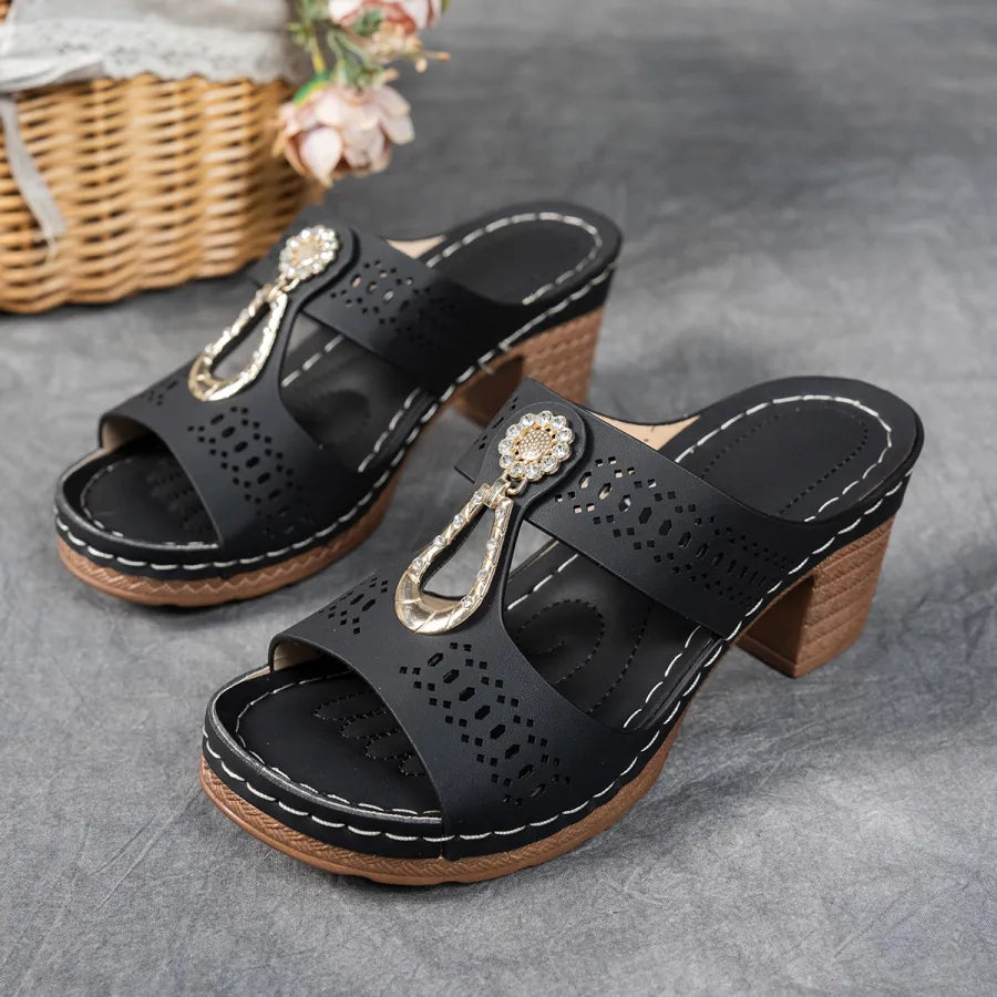 Comfortable Mules Heels for Women with Metal Ring Detail Block Heel Open Toe Slip On Style