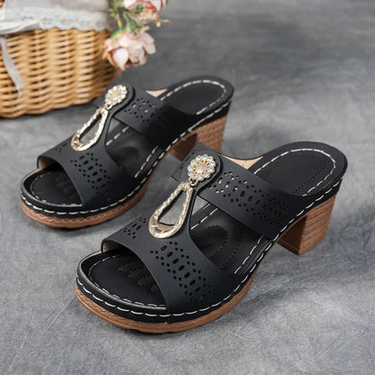 Comfortable Mules Heels for Women with Metal Ring Detail Block Heel Open Toe Slip On Style