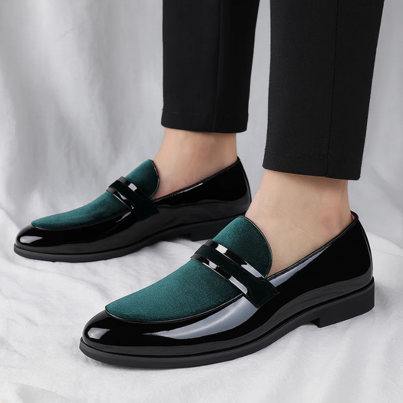 Elegant Velvet Patent Leather Loafer for Women with Pointed Toe Penny Strap Slip-On Style
