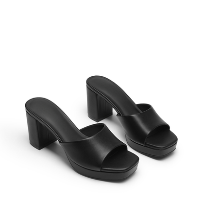 Comfortable Mules Heels for Women with Square Toe Wide Band Platform Block Heel Slide Style