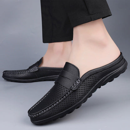 Effortless Perforated Leather Loafer Mule for Women with Backless Penny Strap Slip On Casual Style